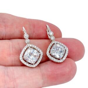 Cushion Cut Cubic Zirconia Halo Dangle Earrings | Sterling Silver 925